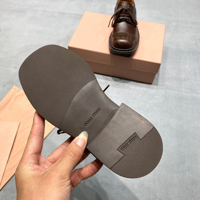 MIUMIU 26S LACE-UP LOAFERS IN CHOCOLATE BROWN GRAINED CALFSKIN