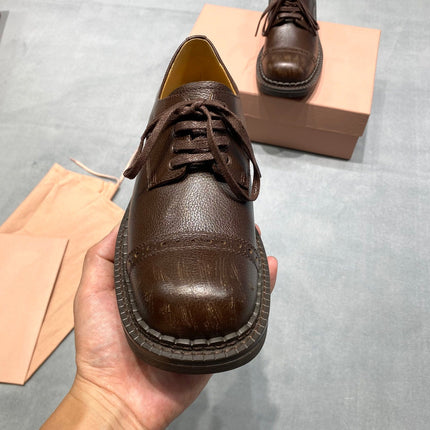 MIUMIU 26S LACE-UP LOAFERS IN CHOCOLATE BROWN GRAINED CALFSKIN