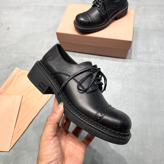 MIUMIU 26S LACE-UP LOAFERS IN BLACK GRAINED CALFSKIN