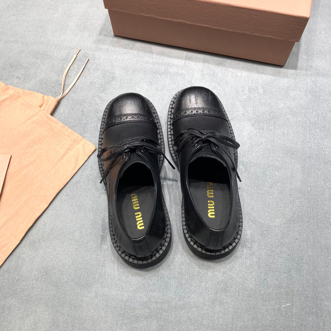 MIUMIU 26S LACE-UP LOAFERS IN BLACK GRAINED CALFSKIN