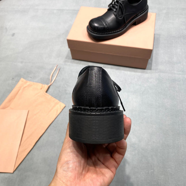 MIUMIU 26S LACE-UP LOAFERS IN BLACK GRAINED CALFSKIN
