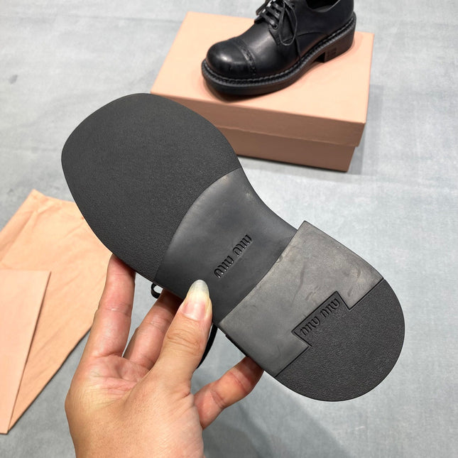 MIUMIU 26S LACE-UP LOAFERS IN BLACK GRAINED CALFSKIN
