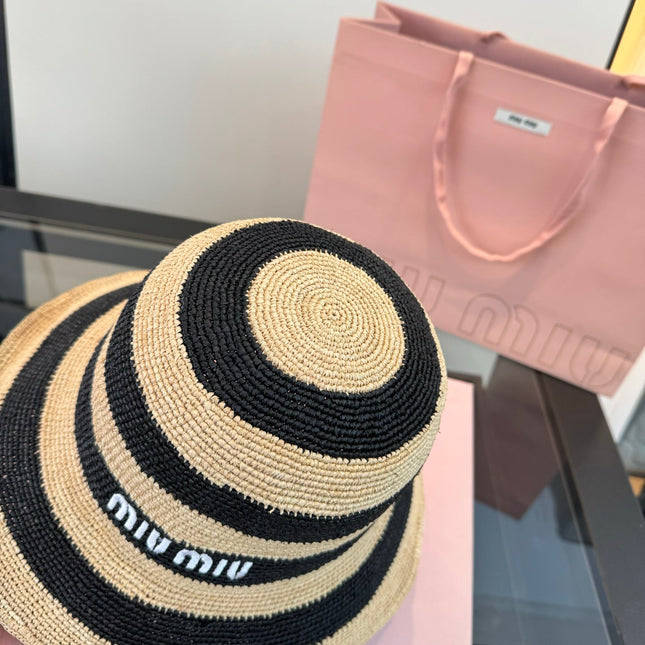 MIUMIU 26S STRIPED RAFFIA BUCKET HAT 342097