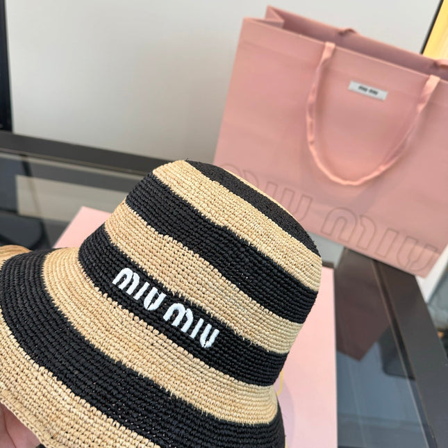 MIUMIU 26S STRIPED RAFFIA BUCKET HAT 342097