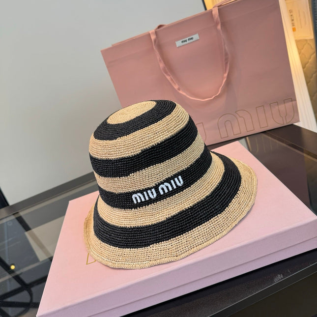 MIUMIU 26S STRIPED RAFFIA BUCKET HAT 342097