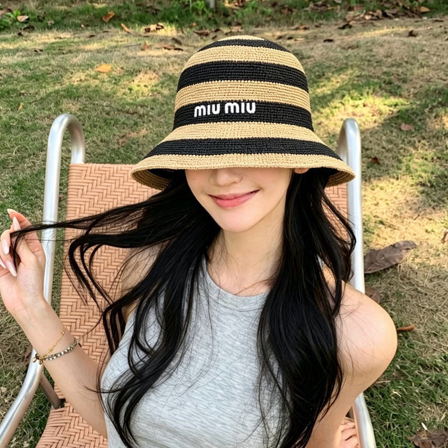MIUMIU 26S STRIPED RAFFIA BUCKET HAT 342097
