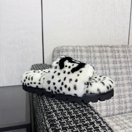 CHANEL 26S PLATFORM SLIDE SANDALS IN WHITE AND BLACK SHEARLING DALMATIAN PRINT