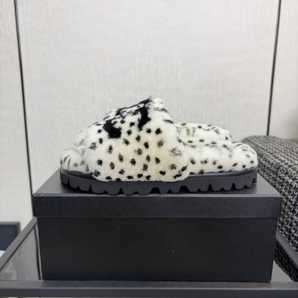 CHANEL 26S PLATFORM SLIDE SANDALS IN WHITE AND BLACK SHEARLING DALMATIAN PRINT