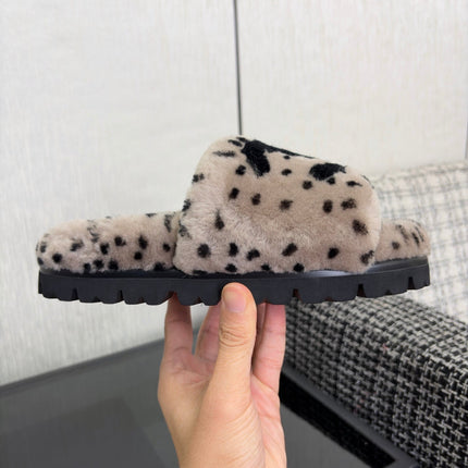CHANEL 26S PLATFORM SLIDE SANDALS IN GRAY AND BLACK SHEARLING DALMATIAN PRINT