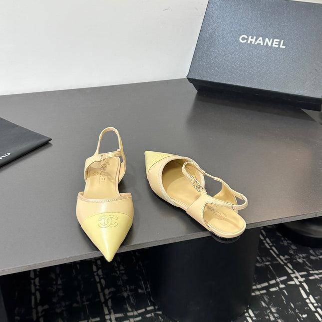 CHANEL 26S FLAT POINTED-TOE SLINGBACKS IN BEIGE AND PASTEL YELLOW LAMBSKIN