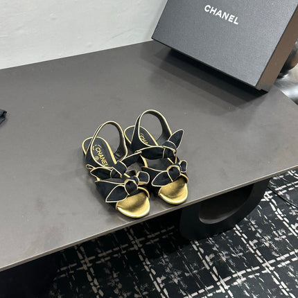 CHANEL 26S BOW SANDALS IN BLACK MIX GOLD SATIN