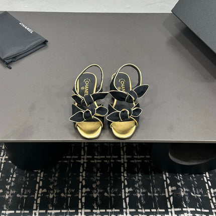 CHANEL 26S BOW SANDALS IN BLACK MIX GOLD SATIN