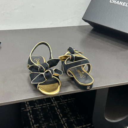 CHANEL 26S BOW SANDALS IN BLACK MIX GOLD SATIN