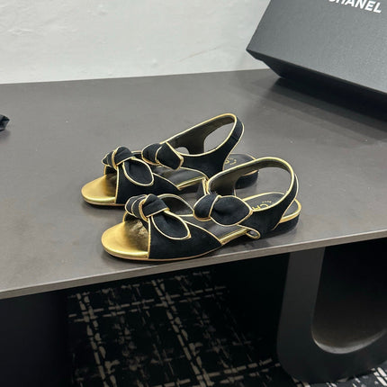 CHANEL 26S BOW SANDALS IN BLACK MIX GOLD SATIN