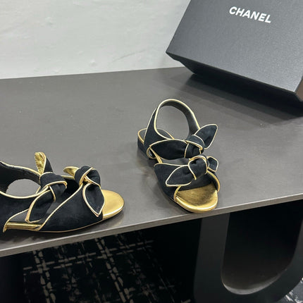 CHANEL 26S BOW SANDALS IN BLACK MIX GOLD SATIN