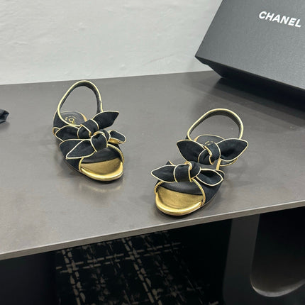 CHANEL 26S BOW SANDALS IN BLACK MIX GOLD SATIN