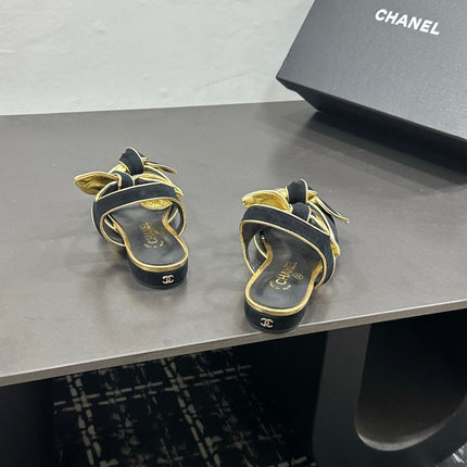 CHANEL 26S BOW SANDALS IN BLACK MIX GOLD SATIN