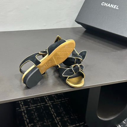 CHANEL 26S BOW SANDALS IN BLACK MIX GOLD SATIN