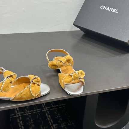 CHANEL 26S BOW SANDALS IN MUSTARD YELLOW AND SILVER SUEDE