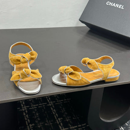 CHANEL 26S BOW SANDALS IN MUSTARD YELLOW AND SILVER SUEDE