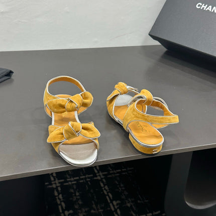 CHANEL 26S BOW SANDALS IN MUSTARD YELLOW AND SILVER SUEDE