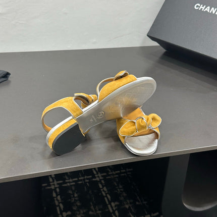 CHANEL 26S BOW SANDALS IN MUSTARD YELLOW AND SILVER SUEDE