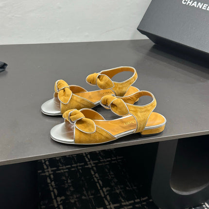 CHANEL 26S BOW SANDALS IN MUSTARD YELLOW AND SILVER SUEDE
