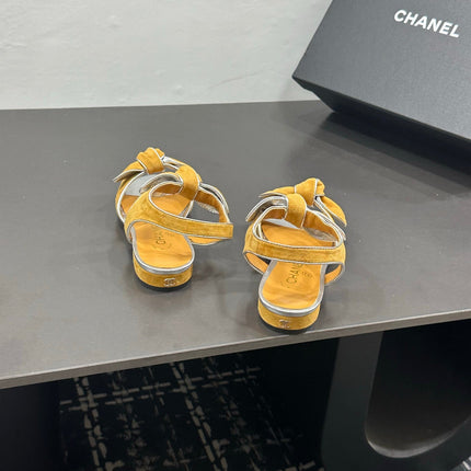 CHANEL 26S BOW SANDALS IN MUSTARD YELLOW AND SILVER SUEDE