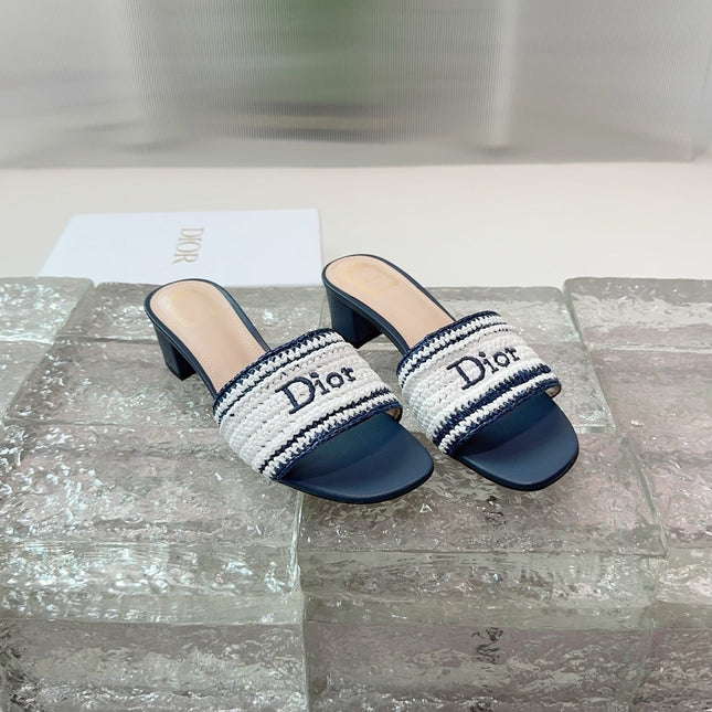 DIOR 26S WOVEN-STRAP HIGH-HEEL SANDALS IN WHITE AND NAVY BLUE CALFSKIN