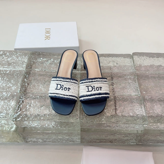DIOR 26S WOVEN-STRAP HIGH-HEEL SANDALS IN WHITE AND NAVY BLUE CALFSKIN