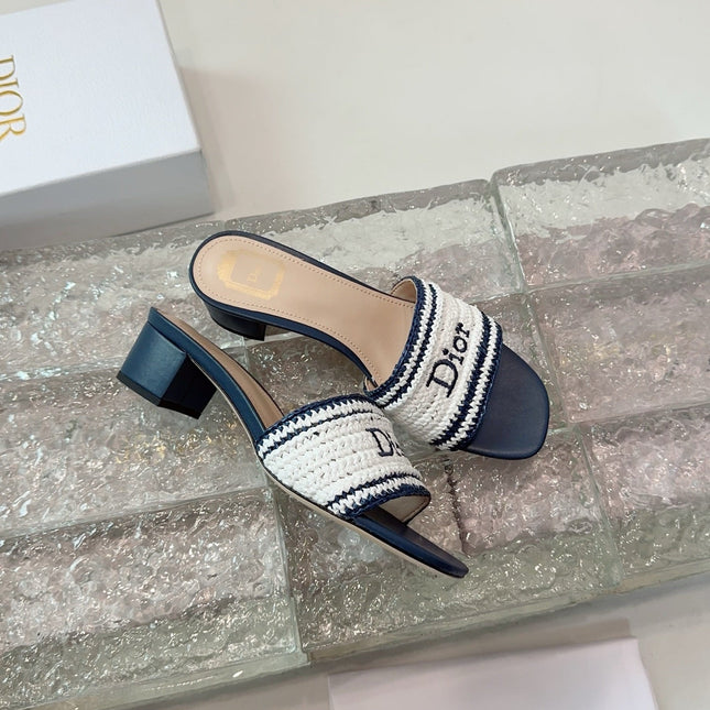 DIOR 26S WOVEN-STRAP HIGH-HEEL SANDALS IN WHITE AND NAVY BLUE CALFSKIN