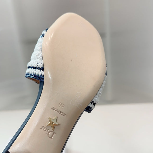 DIOR 26S WOVEN-STRAP HIGH-HEEL SANDALS IN WHITE AND NAVY BLUE CALFSKIN