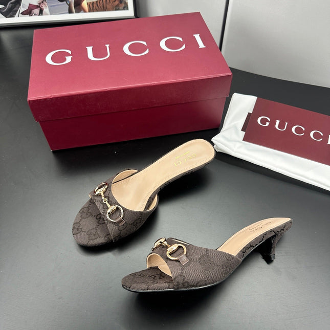 GUCCI 26S HIGH-HEELED SANDALS 50 MM IN DARK BROWN CANVAS