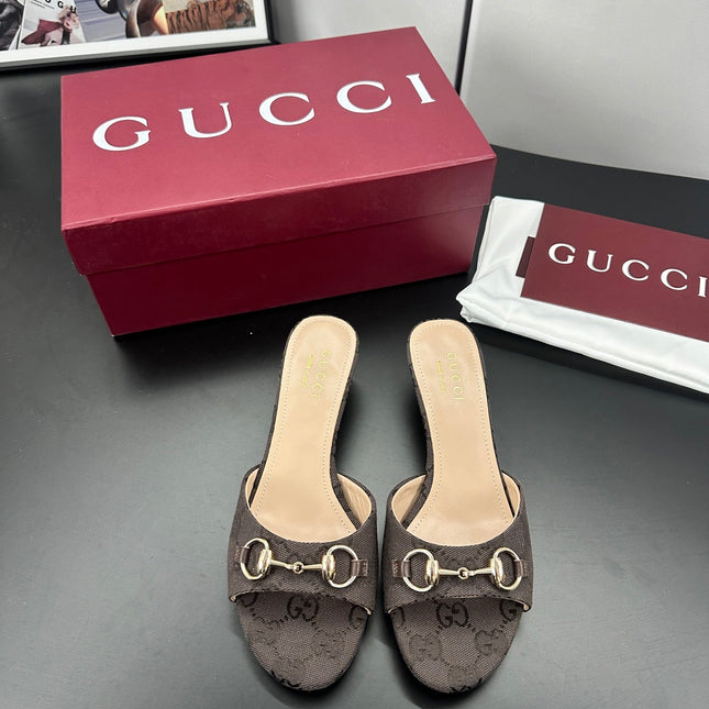 GUCCI 26S HIGH-HEELED SANDALS 50 MM IN DARK BROWN CANVAS