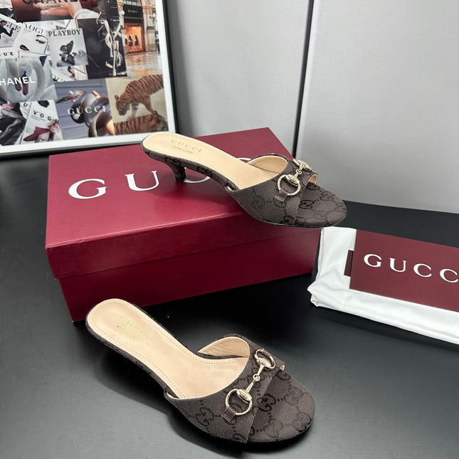 GUCCI 26S HIGH-HEELED SANDALS 50 MM IN DARK BROWN CANVAS