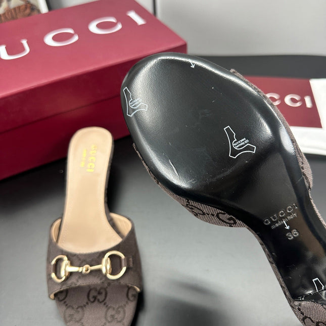 GUCCI 26S HIGH-HEELED SANDALS 50 MM IN DARK BROWN CANVAS