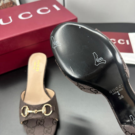 GUCCI 26S HIGH-HEELED SANDALS 50 MM IN DARK BROWN CANVAS