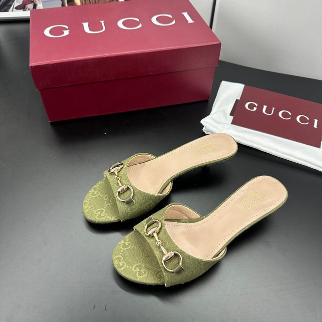 GUCCI 26S HIGH-HEELED SANDALS 50 MM IN MOSS GREEN CANVAS