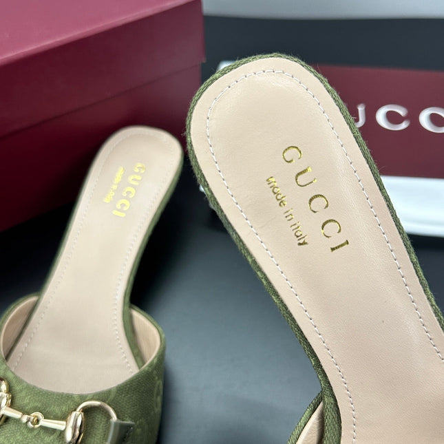 GUCCI 26S HIGH-HEELED SANDALS 50 MM IN MOSS GREEN CANVAS