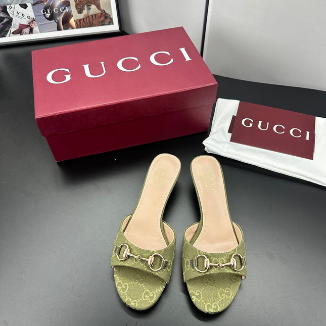 GUCCI 26S HIGH-HEELED SANDALS 50 MM IN MOSS GREEN CANVAS