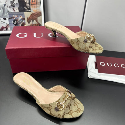 GUCCI 26S HIGH-HEELED SANDALS 50 MM IN DARK BEIGE CANVAS