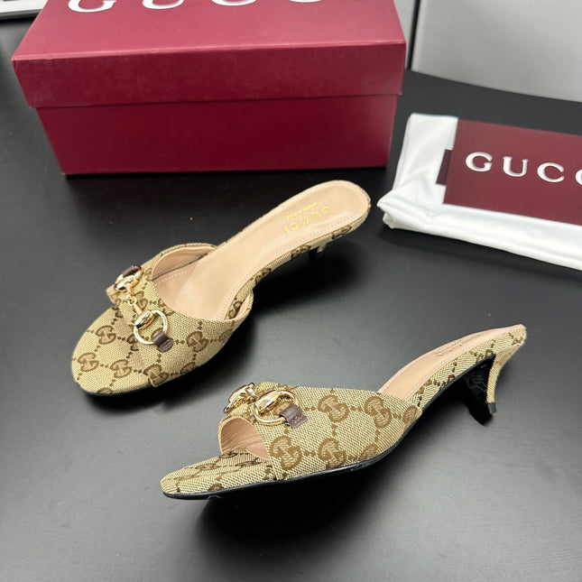 GUCCI 26S HIGH-HEELED SANDALS 50 MM IN DARK BEIGE CANVAS