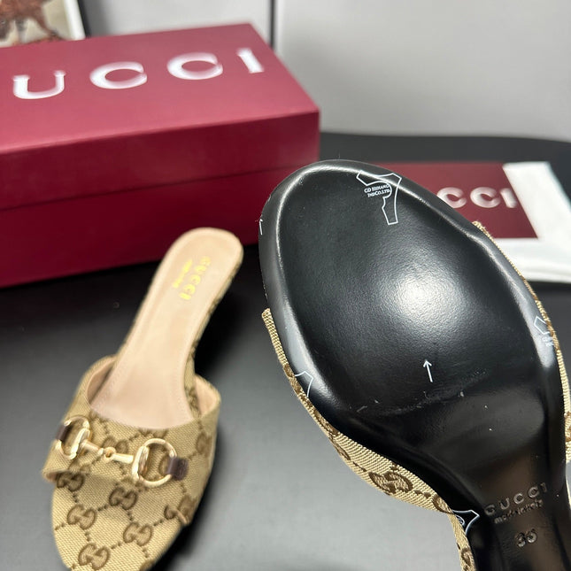 GUCCI 26S HIGH-HEELED SANDALS 50 MM IN DARK BEIGE CANVAS
