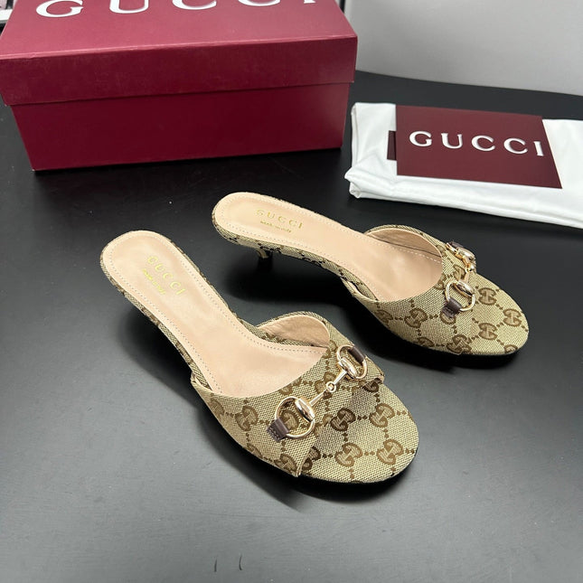 GUCCI 26S HIGH-HEELED SANDALS 50 MM IN DARK BEIGE CANVAS