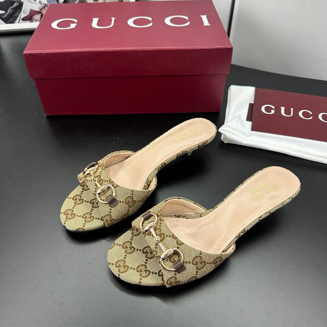 GUCCI 26S HIGH-HEELED SANDALS 50 MM IN DARK BEIGE CANVAS