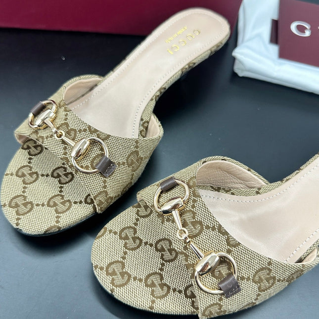 GUCCI 26S HIGH-HEELED SANDALS 50 MM IN DARK BEIGE CANVAS