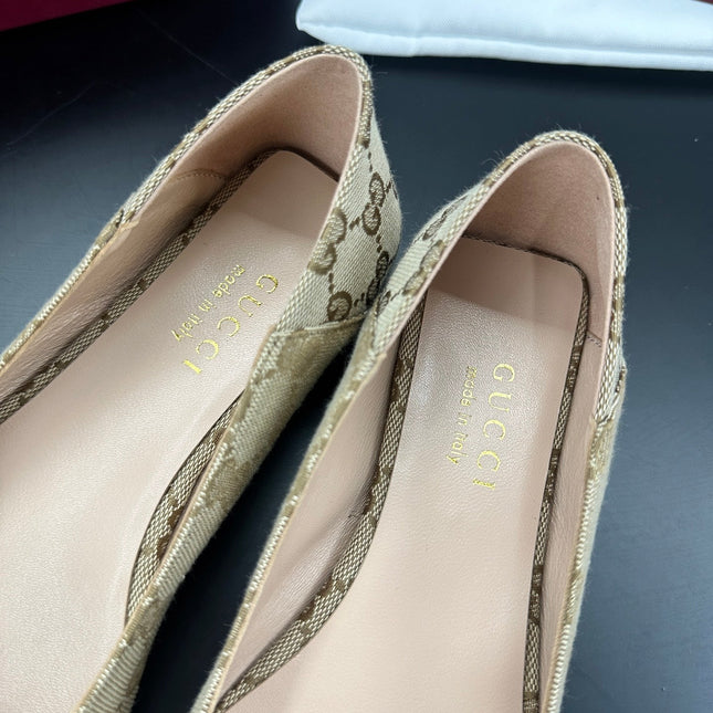 GUCCI 26S VITTORIA BALLERINA SHOES IN DARK BEIGE CANVAS