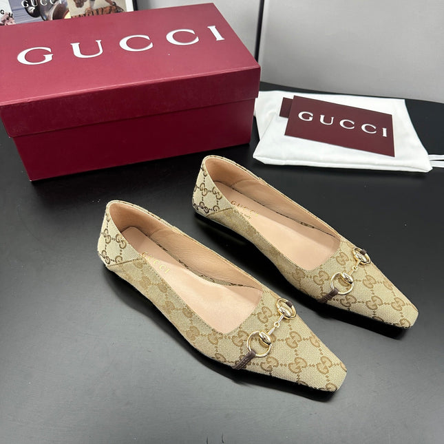 GUCCI 26S VITTORIA BALLERINA SHOES IN DARK BEIGE CANVAS