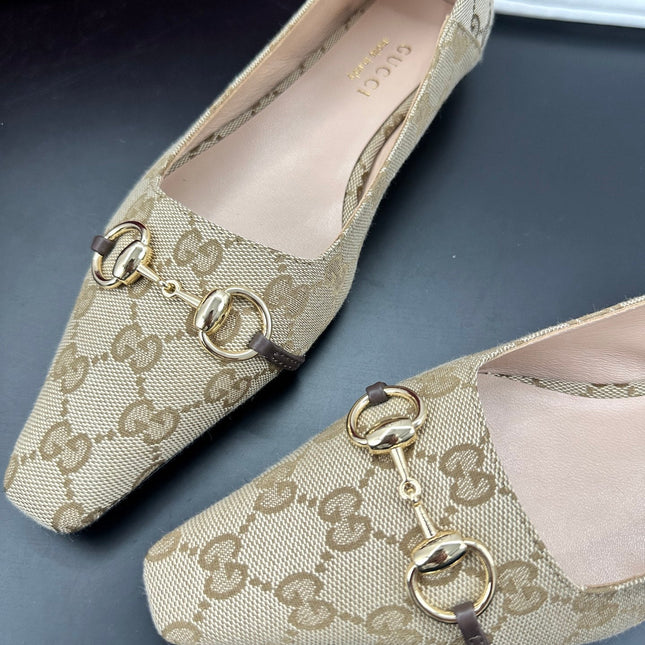 GUCCI 26S VITTORIA BALLERINA SHOES IN DARK BEIGE CANVAS