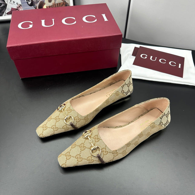 GUCCI 26S VITTORIA BALLERINA SHOES IN DARK BEIGE CANVAS